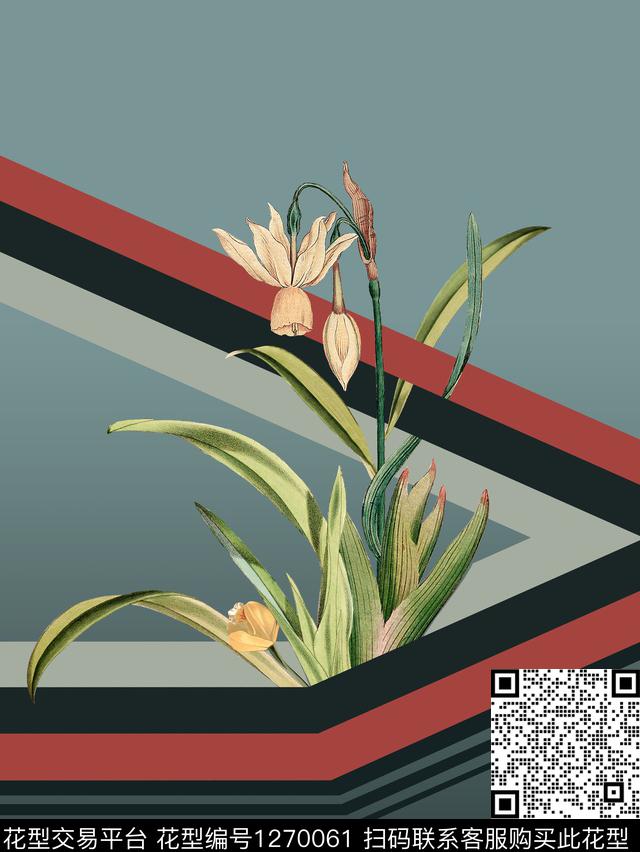 花卉线条定位花数码印花华亿平台下载（图片编号: 1270061） - 瓦栏（Walan）