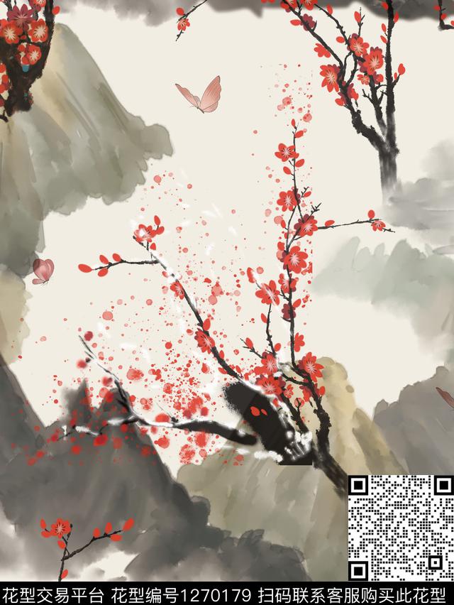 抽象花卉梅花中国风数码印花华亿平台下载（图片编号: 1270179） - 瓦栏（Walan）