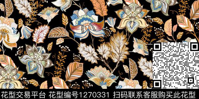 女装黑底花卉花卉传统印花华亿平台下载（图片编号: 1270331） - 瓦栏（Walan）