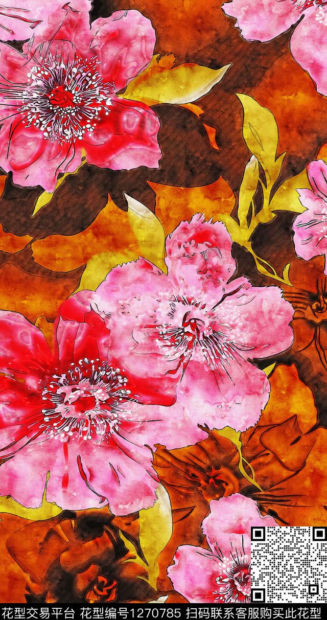 水彩花卉手绘数码印花华亿平台下载（图片编号: 1270785） - 瓦栏（Walan）
