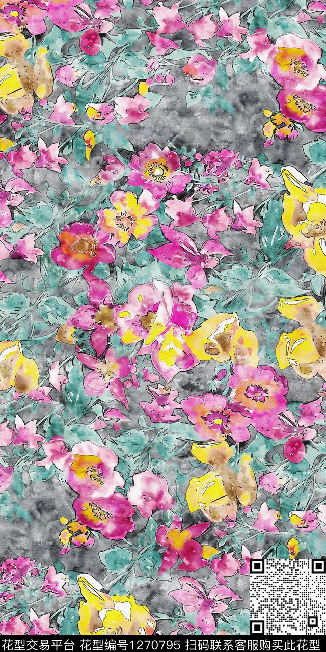水彩花卉手绘数码印花华亿平台下载（图片编号: 1270795） - 瓦栏（Walan）