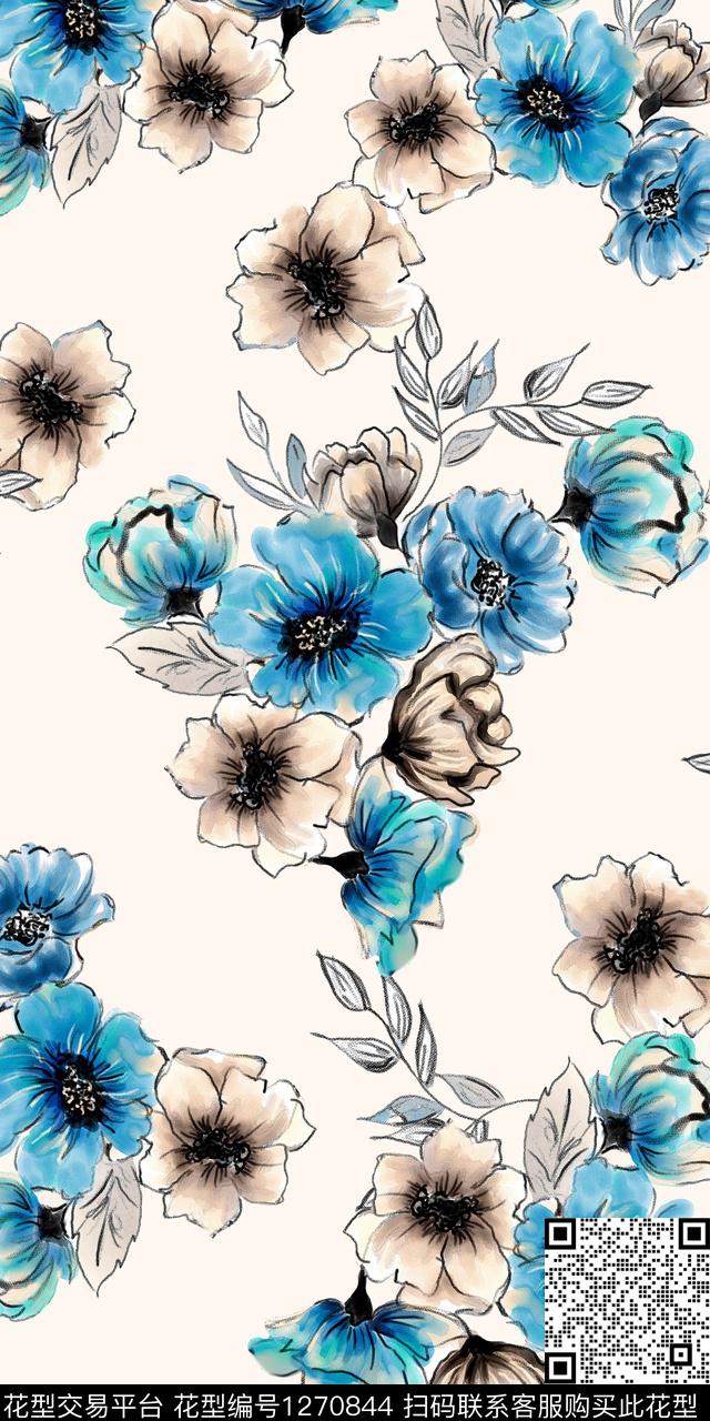 花卉手绘素雅数码印花华亿平台下载（图片编号: 1270844） - 瓦栏（Walan）
