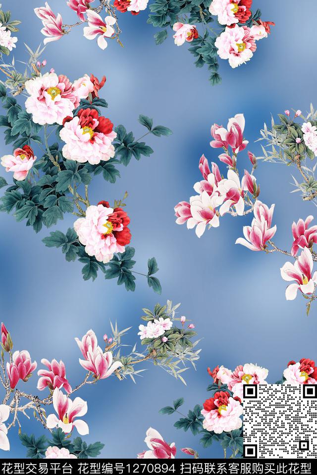 玉兰花旗袍牡丹数码印花华亿平台下载（图片编号: 1270894） - 瓦栏（Walan）