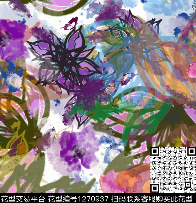 绘画花卉抽象数码印花华亿平台下载（图片编号: 1270937） - 瓦栏（Walan）