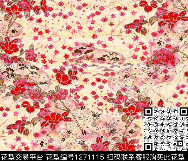水彩花卉手绘数码印花华亿平台下载（图片编号: 1271115） - 瓦栏（Walan）