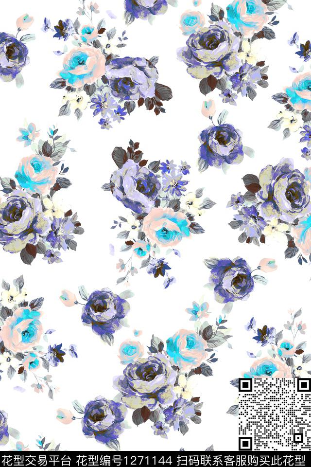 抽象花卉大牌风清爽底花卉数码印花华亿平台下载（图片编号: 1271144） - 瓦栏（Walan）