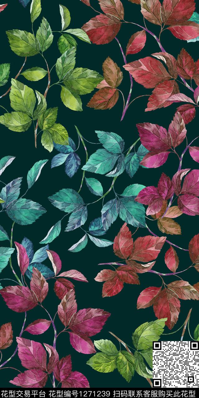 树枝花卉手绘数码印花华亿平台下载（图片编号: 1271239） - 瓦栏（Walan）