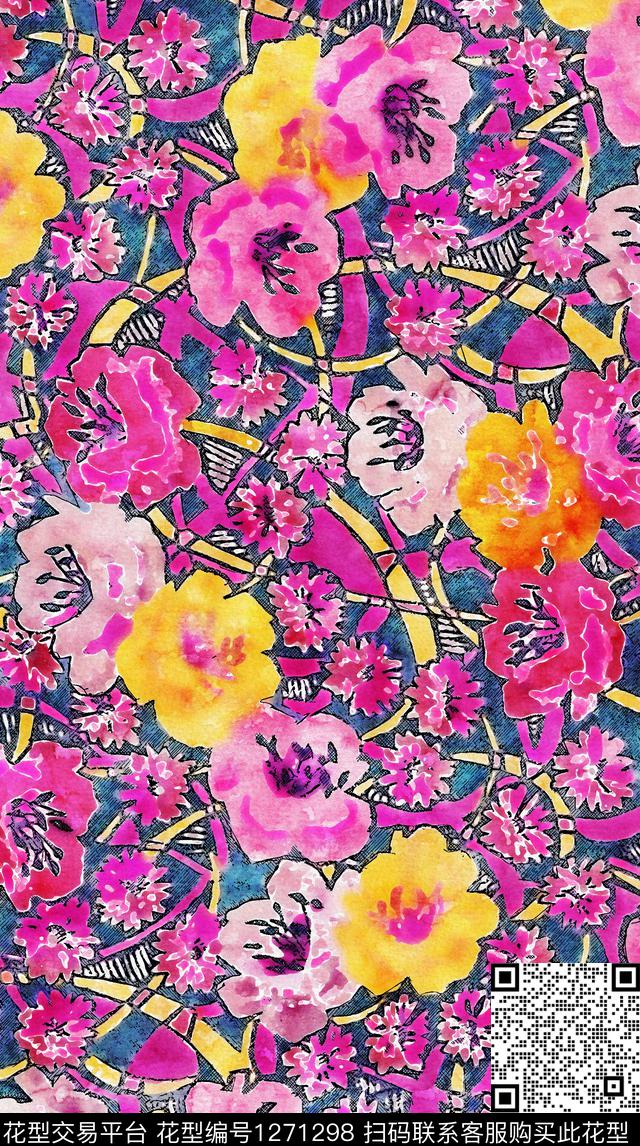 水彩花卉手绘数码印花华亿平台下载（图片编号: 1271298） - 瓦栏（Walan）