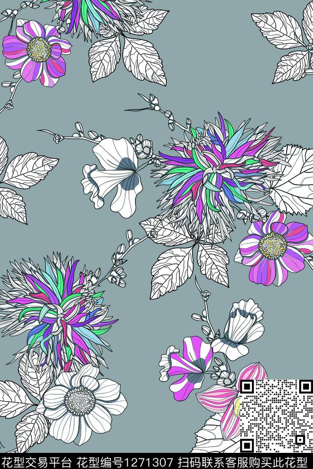 抽象花卉手绘1/2接数码印花华亿平台下载（图片编号: 1271307） - 瓦栏（Walan）