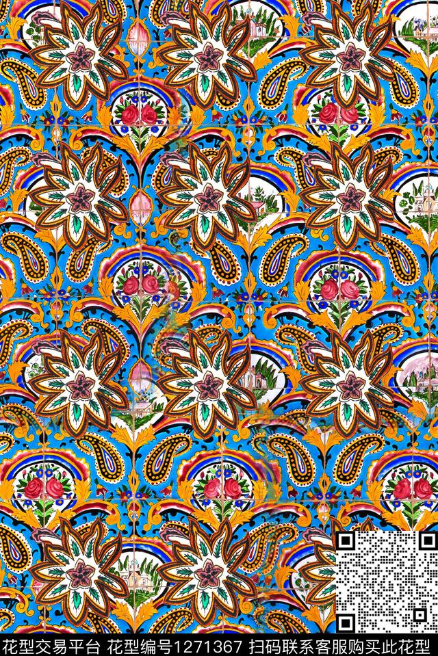 抽象花卉民族花卉真丝数码印花华亿平台下载（图片编号: 1271367） - 瓦栏（Walan）