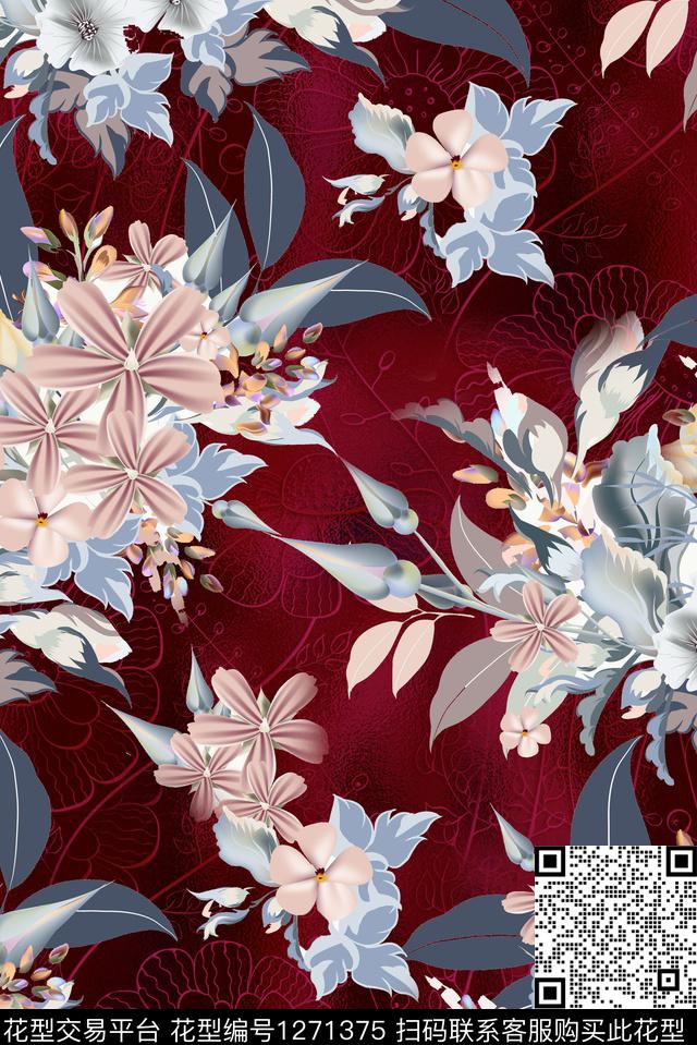 真丝简欧手绘花卉数码印花华亿平台下载（图片编号: 1271375） - 瓦栏（Walan）