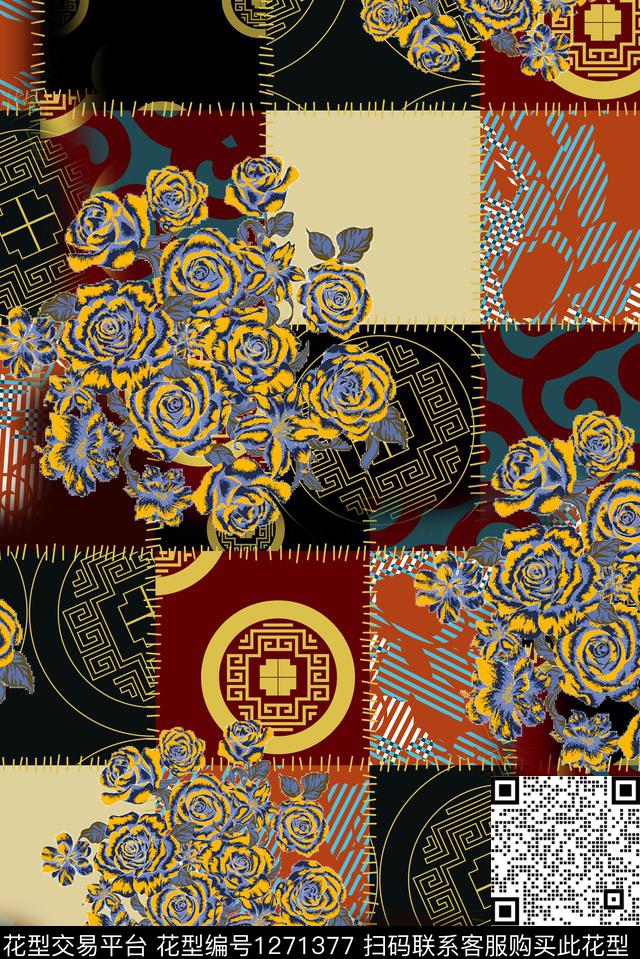 几何花卉民族花卉手绘花卉数码印花华亿平台下载（图片编号: 1271377） - 瓦栏（Walan）