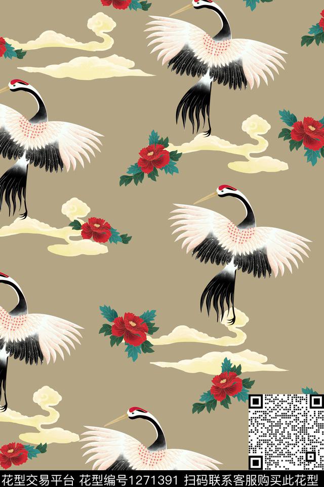 复古仙鹤牡丹数码印花华亿平台下载（图片编号: 1271391） - 瓦栏（Walan）