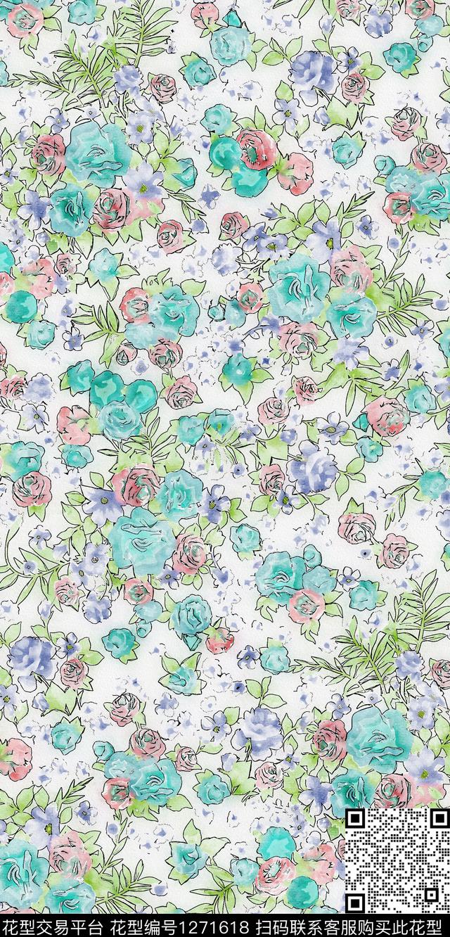 水彩花卉手绘数码印花华亿平台下载（图片编号: 1271618） - 瓦栏（Walan）