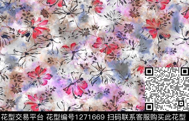 水彩花卉手绘数码印花华亿平台下载（图片编号: 1271669） - 瓦栏（Walan）