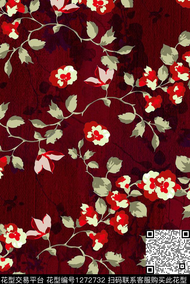 复古花卉真丝数码印花华亿平台下载（图片编号: 1272732） - 瓦栏（Walan）