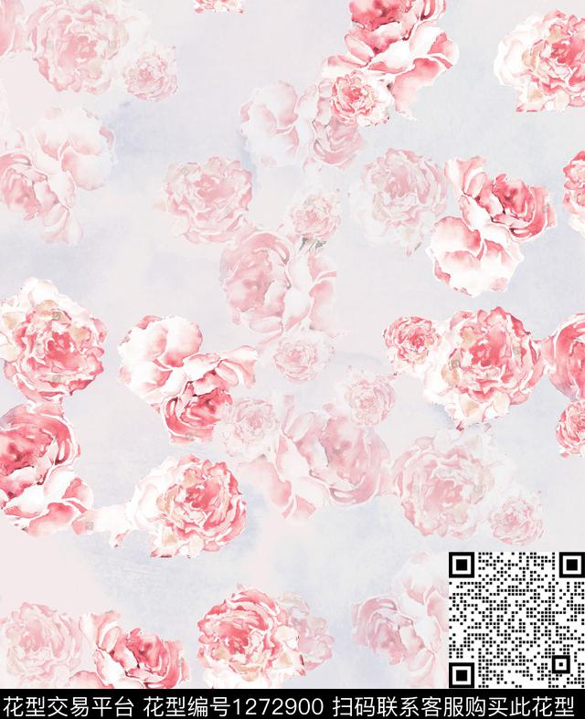 玫瑰花满版散花水彩花卉数码印花华亿平台下载（图片编号: 1272900） - 瓦栏（Walan）