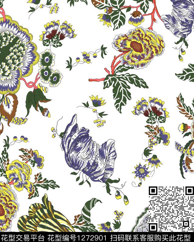 复古茉莉花传统纹样数码印花华亿平台下载（图片编号: 1272901） - 瓦栏（Walan）