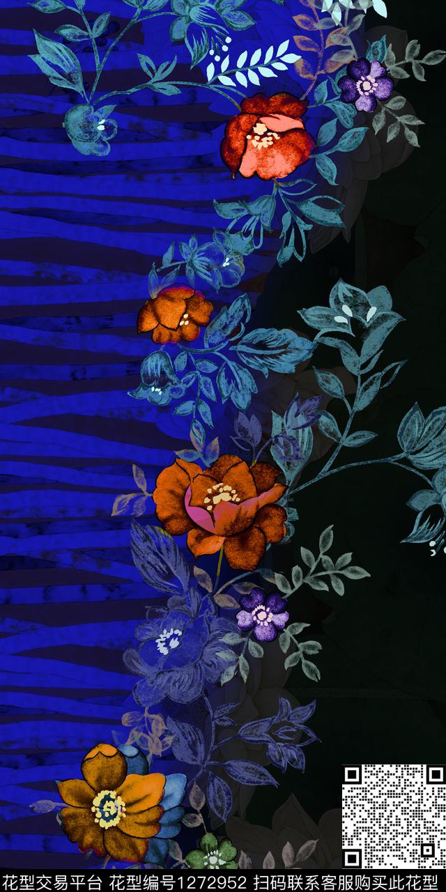 定位花花卉宝蓝条纹数码印花华亿平台下载（图片编号: 1272952） - 瓦栏（Walan）