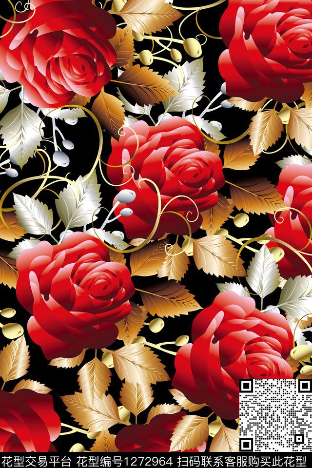 花卉绿植树叶红玫瑰数码印花华亿平台下载（图片编号: 1272964） - 瓦栏（Walan）