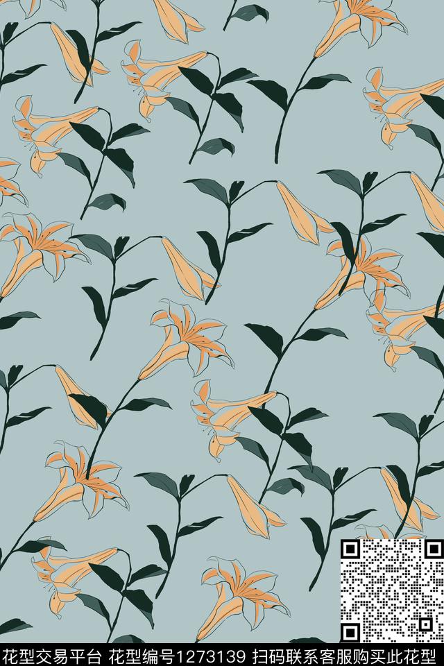 蓝色连衣裙花卉数码印花华亿平台下载（图片编号: 1273139） - 瓦栏（Walan）