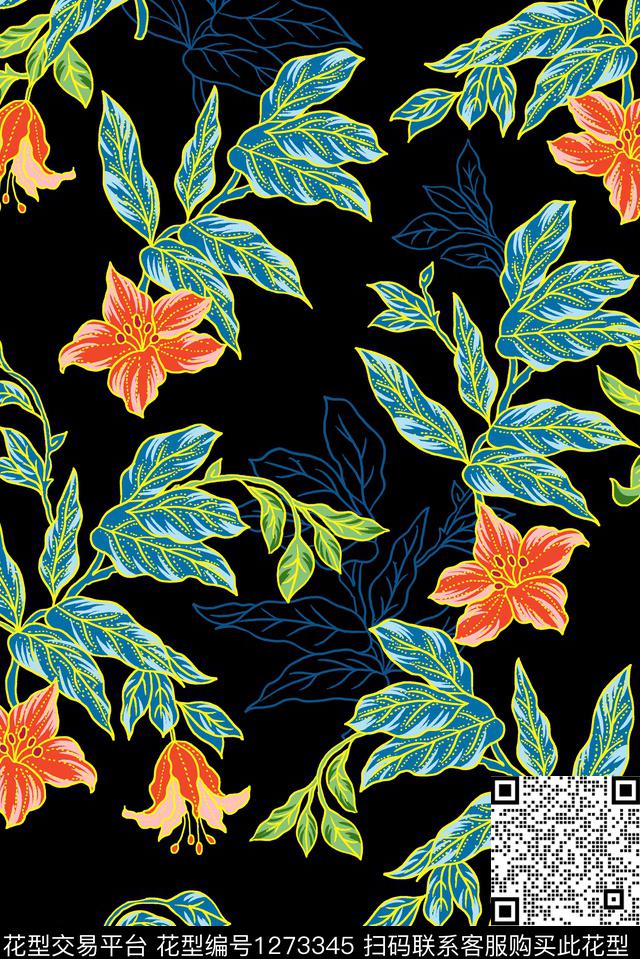 黑底花卉花卉春夏华亿平台数码印花华亿平台下载（图片编号: 1273345） - 瓦栏（Walan）