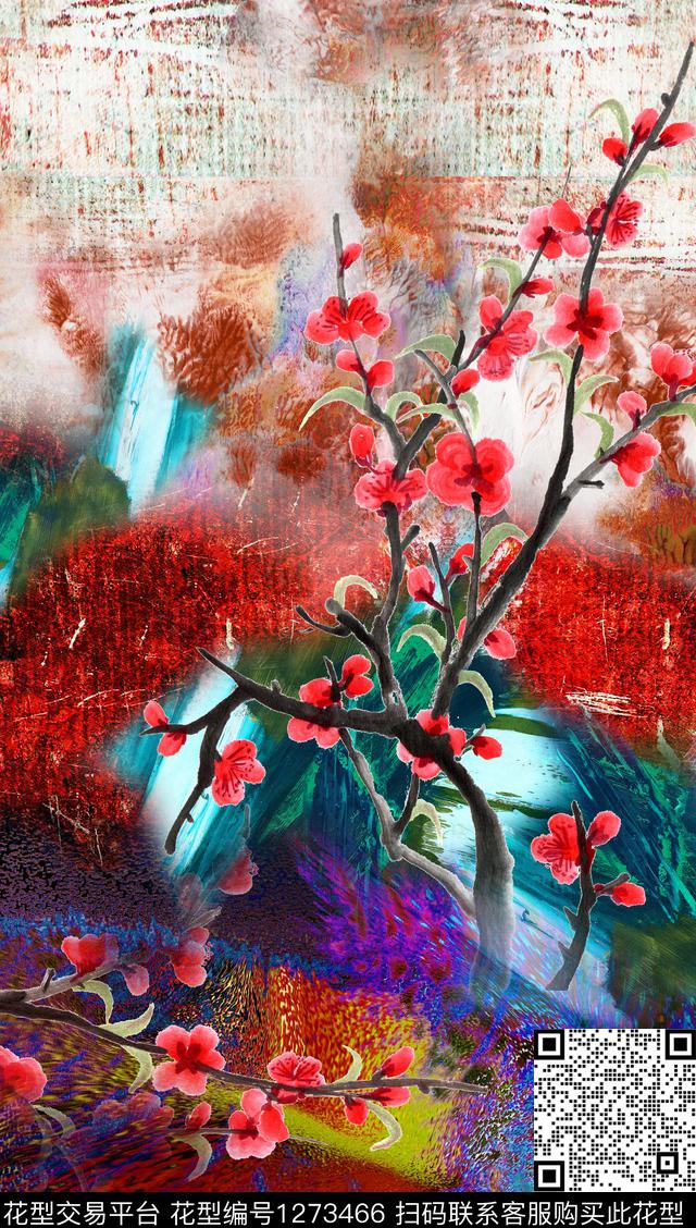 梅花真丝水墨风数码印花华亿平台下载（图片编号: 1273466） - 瓦栏（Walan）