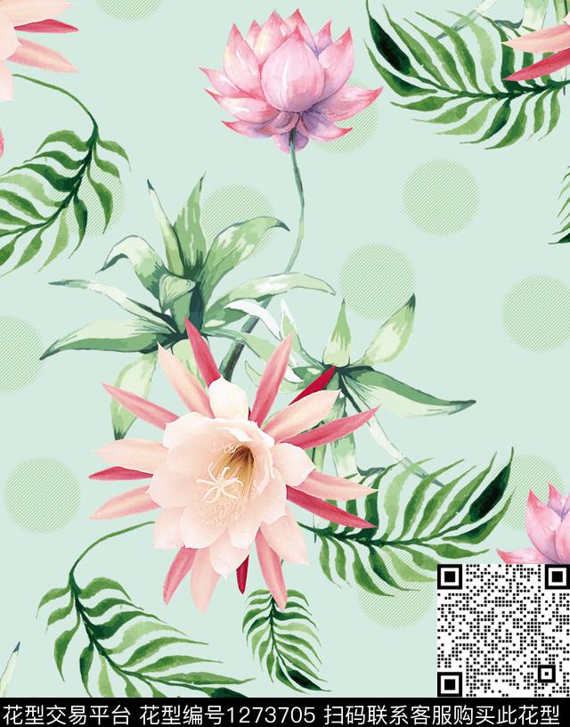 荷花手绘花卉铁线莲数码印花华亿平台下载（图片编号: 1273705） - 瓦栏（Walan）