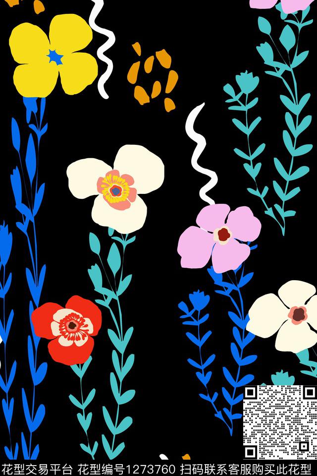 女装黑底花卉几何花卉传统印花华亿平台下载（图片编号: 1273760） - 瓦栏（Walan）