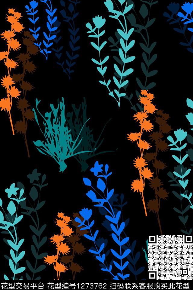 黑底花卉女装绿植树叶传统印花华亿平台下载（图片编号: 1273762） - 瓦栏（Walan）