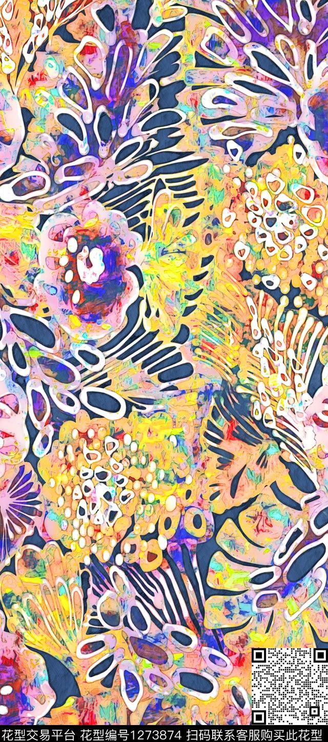 花卉抽象手绘数码印花华亿平台下载（图片编号: 1273874） - 瓦栏（Walan）