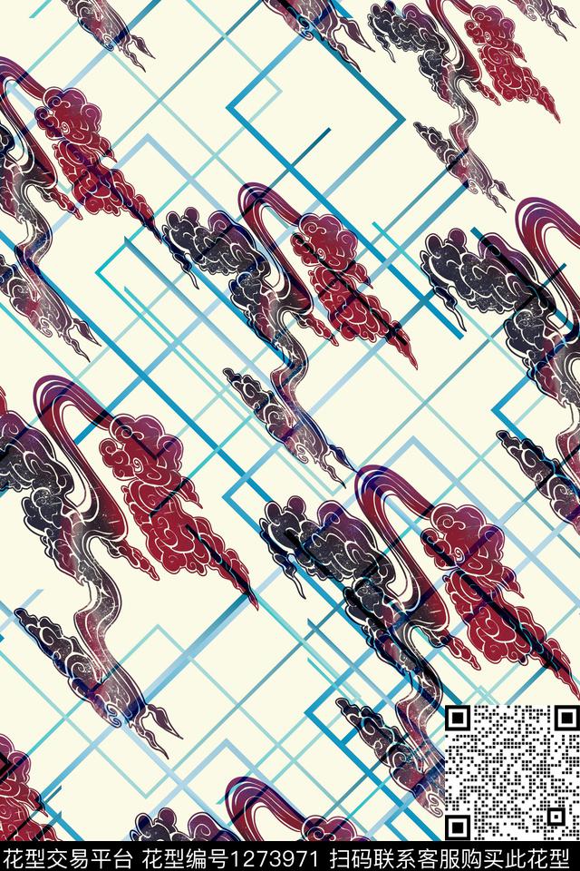 几何祥云中国风数码印花华亿平台下载（图片编号: 1273971） - 瓦栏（Walan）
