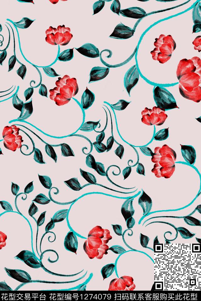 花卉小清新藤蔓数码印花华亿平台下载（图片编号: 1274079） - 瓦栏（Walan）