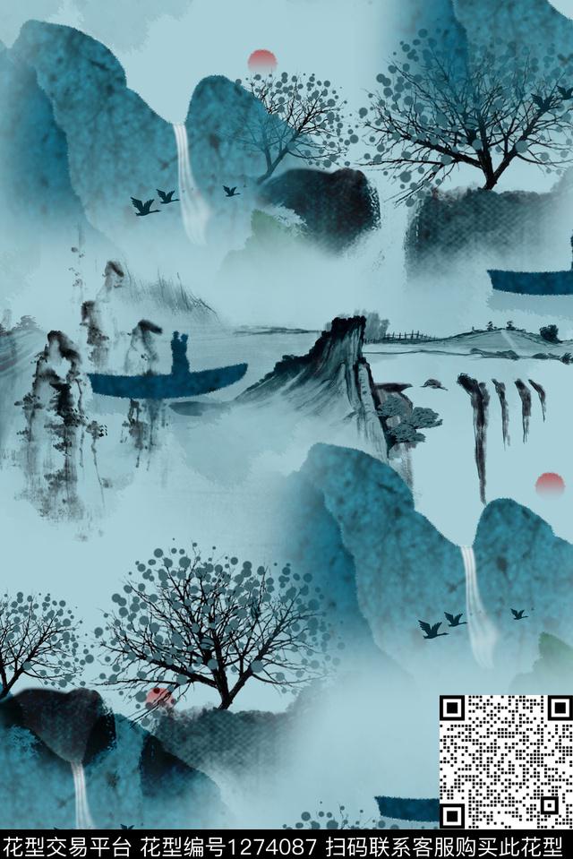 中国风风景景观水墨风数码印花华亿平台下载（图片编号: 1274087） - 瓦栏（Walan）