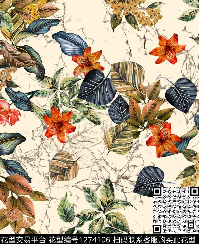 复古纹理花卉数码印花华亿平台下载（图片编号: 1274106） - 瓦栏（Walan）