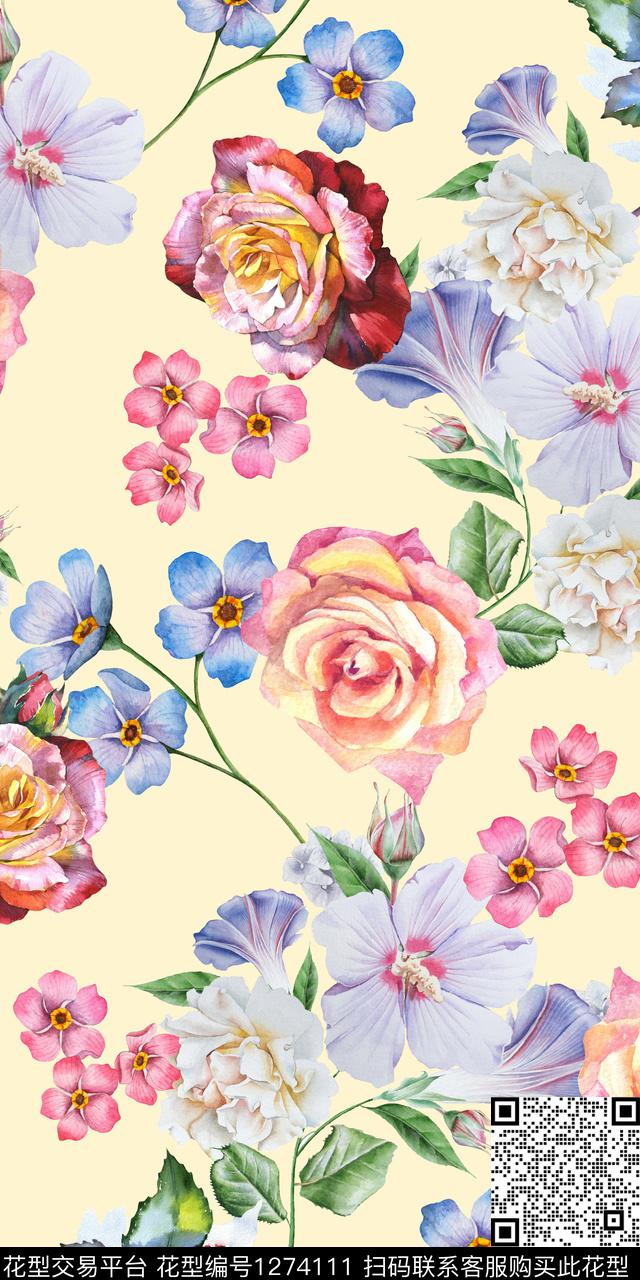 花卉植物手绘数码印花华亿平台下载（图片编号: 1274111） - 瓦栏（Walan）
