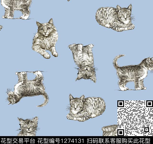 手绘家猫天蓝数码印花华亿平台下载（图片编号: 1274131） - 瓦栏（Walan）