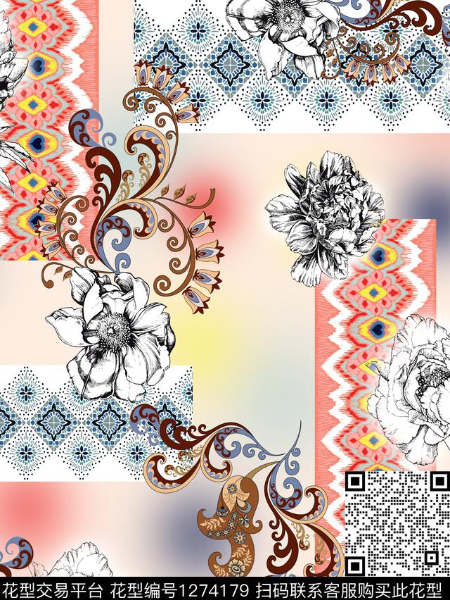 花卉黑白华亿平台混合拼接数码印花华亿平台下载（图片编号: 1274179） - 瓦栏（Walan）