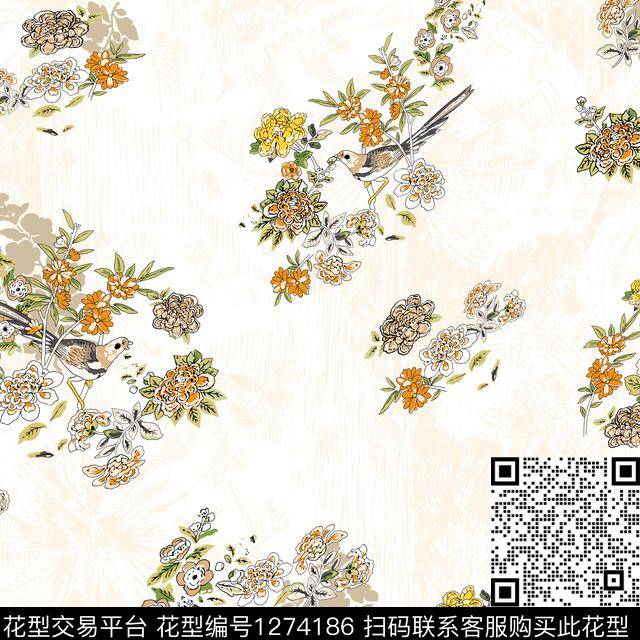 花鸟女装花卉传统印花华亿平台下载（图片编号: 1274186） - 瓦栏（Walan）