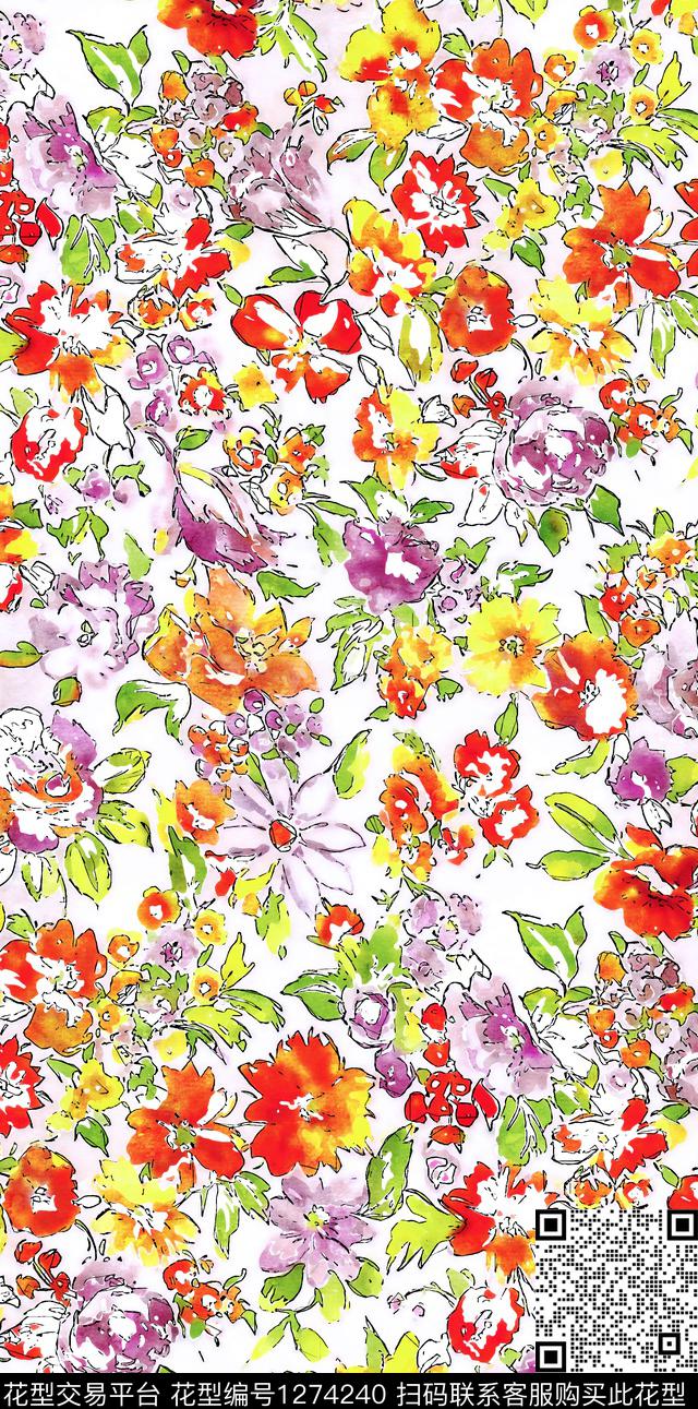 水彩花卉手绘数码印花华亿平台下载（图片编号: 1274240） - 瓦栏（Walan）