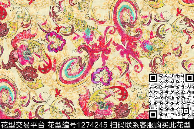水彩手绘民族风数码印花华亿平台下载（图片编号: 1274245） - 瓦栏（Walan）