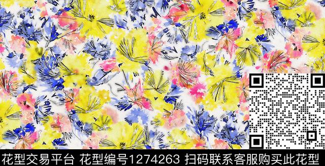 水彩花卉手绘数码印花华亿平台下载（图片编号: 1274263） - 瓦栏（Walan）