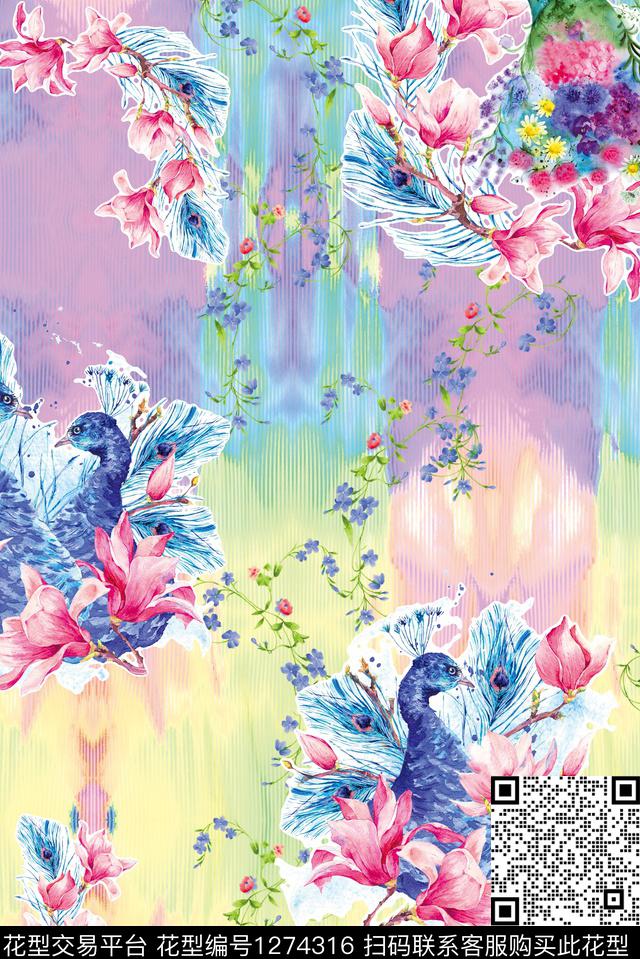 玉兰花孔雀手绘花卉数码印花华亿平台下载（图片编号: 1274316） - 瓦栏（Walan）