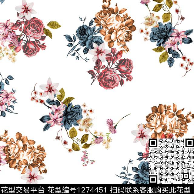 复古手绘玫瑰花数码印花华亿平台下载（图片编号: 1274451） - 瓦栏（Walan）