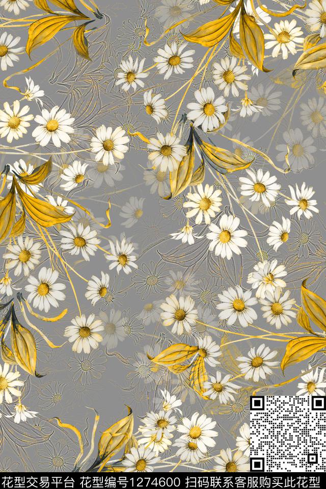 菊花复古花卉数码印花华亿平台下载（图片编号: 1274600） - 瓦栏（Walan）