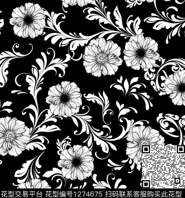 花卉民族花卉黑白华亿平台传统印花华亿平台下载（图片编号: 1274675） - 瓦栏（Walan）