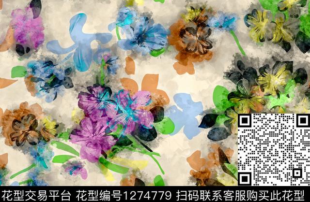 水彩花卉手绘数码印花华亿平台下载（图片编号: 1274779） - 瓦栏（Walan）