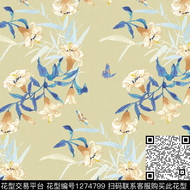 花鸟花卉蝴蝶手绘传统印花华亿平台下载（图片编号: 1274799） - 瓦栏（Walan）