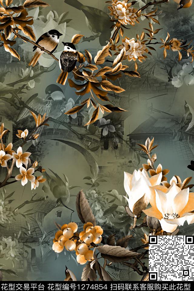复古花鸟香云纱数码印花华亿平台下载（图片编号: 1274854） - 瓦栏（Walan）