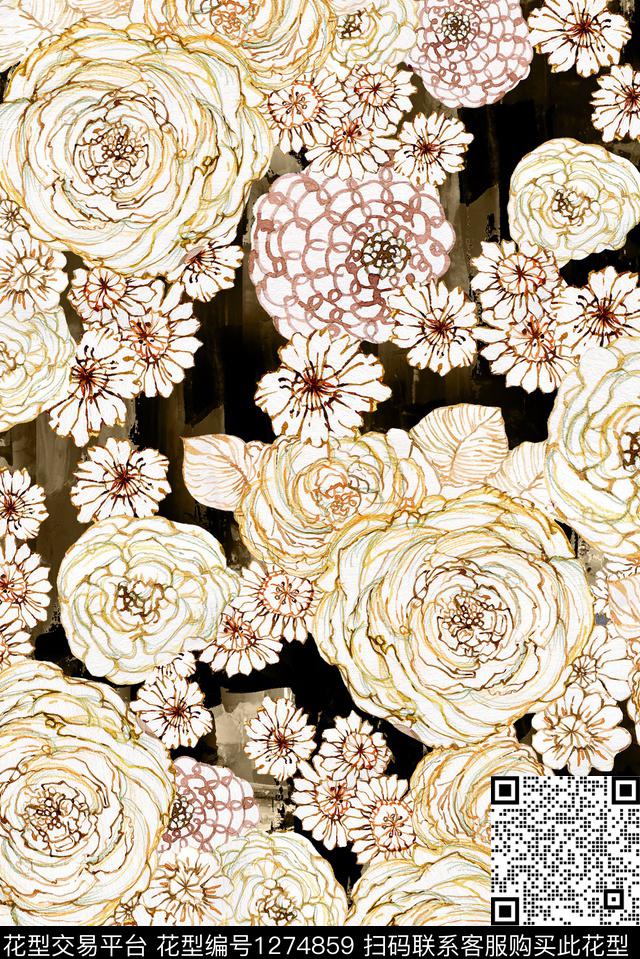 花卉大牌风线条花卉数码印花华亿平台下载（图片编号: 1274859） - 瓦栏（Walan）